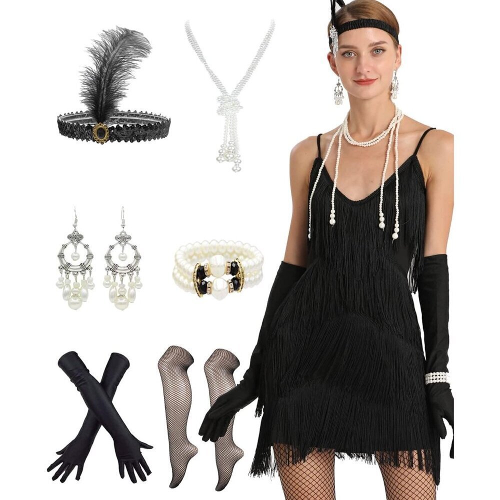 Women 1920s Gatsby Flapper Dress Polyester Open Back Fringe Costume